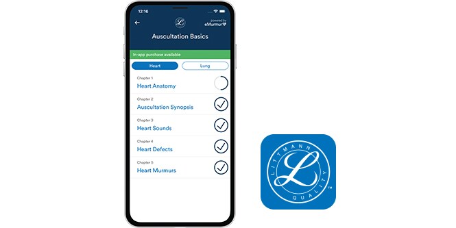 iPhone mit darauf der Littmann Learning App, neben dem Apps-Symbol
