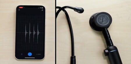 Nahaufnahme eines Littmann CORE Digital-Stethoskops beim Synchronisieren mit der Smartphone-App EKO
