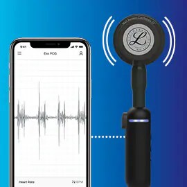 3M Littmann CORE Digital-Stethoskop verbunden mit der Eko-Software am Smartphone.