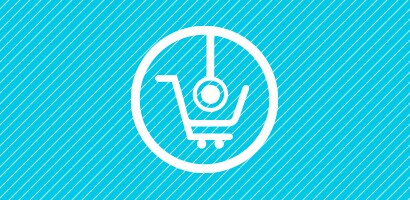 Stethoskop und Einkaufswagen-Symbol in Weiß vor einem türkisen Hintergrund.
