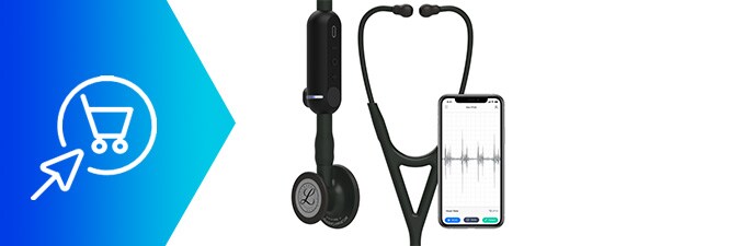 Nahaufnahme eines Arztes, bei Verwendung des 3M™ Littmann® CORE Digital-Stethoskops
